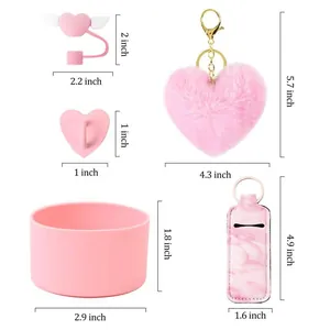 Roze accessoireset voor 30-40oz flessen met siliconen hoes en hartvormige sleutelhanger