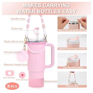 Set d'accessoires 8 pièces rose pour Stanley Cup avec sangle marguerite et botte