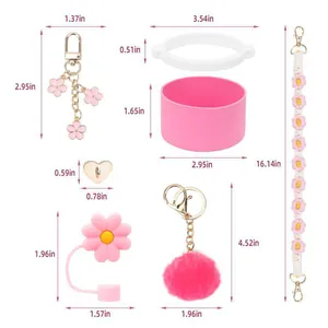 Rosa Zubehör-Set für 30oz 40oz Becher mit Blumengurt, Silikonhülle und Anhängern