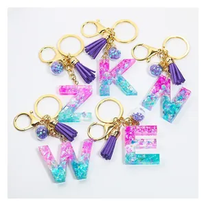 Lot de porte-clés lettres A-Z en résine avec paillettes dégradées et pompons violets