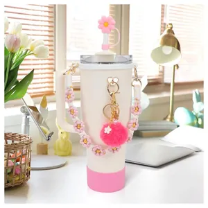 Rosa Zubehör-Set für 30oz 40oz Becher mit Blumen-Strohhalmdeckel und Silikon-Hülle