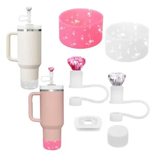 Large Tumbler Accessories Silicone Protective Boot Diamond Straw Cover Spill Proof Stopper For Vacuum Cup Glitter Bottom Sleeve