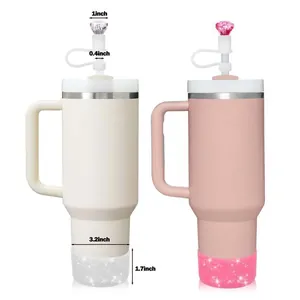 Pink Stanley cup accessory set with diamond straw topper and glitter silicone boot
