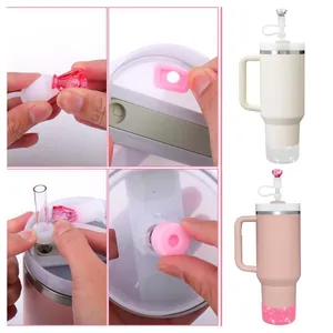 Pink diamond straw cover and silicone spill proof stoppers for stainless steel tumblers