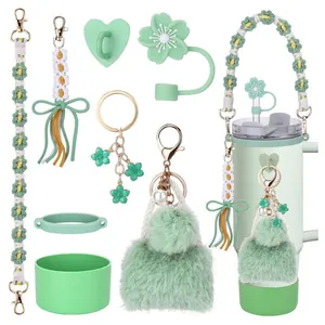 Cup Accessory Set With Silicone Boot Straw Cover Braided Strap Pompom Keychain For Insulated Tumbler Decoration Women Gift