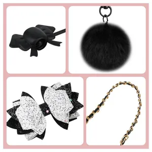 Black charm set for Stanley tumbler with faux fur pompom, sequin bow and gold chain