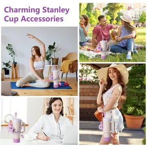 Detail van paarse Stanley Cup accessoires met siliconen rietje dop en hart hanger