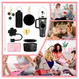 Black Stanley cup accessories set with glitter boot, charms and pink gift box