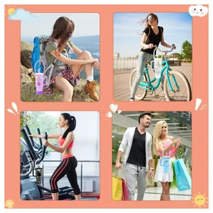 Straw cover charms set for water bottles shown in hiking, cycling, gym and shopping scenes