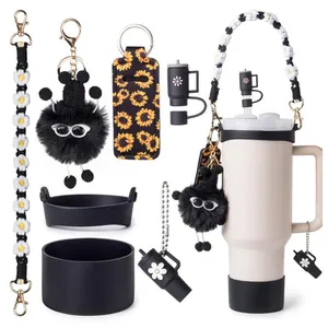 DIY Tumbler Accessory Kit For Stanley 40oz Cup With Silicone Boot Straw Cover Woven Lanyard Plush Charm Women Decoration Gift