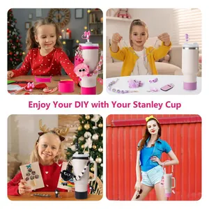 Detail of pink silicone boot, straw cover, and beaded charms for Stanley water bottle DIY