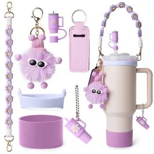 Waterfles Accessoires Set Siliconen Cup Boot Gevlochten Handvat Riem Pluche Sleutelhanger Lippenstift Houder Rietje Topper