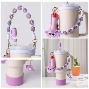 Paarse beker accessoireset met geweven bloemenhandvat, siliconen hoes en hangers