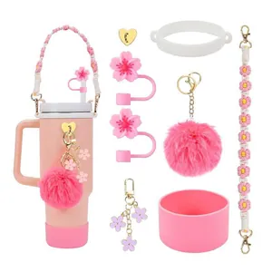 Accessori per Bicchiere con Tracolla Floreale Intrecciata Protezione in Silicone Copri Cannuccia Ciondolo Pom-pom per Bottiglia 40oz