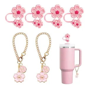 Σιλικόνη Κάλυμμα Καλαμιού Sakura Αλυσίδα Με Γράμμα Για Αξεσουάρ Μεγάλου Ποτηριού Λουλουδάτη Διακόσμηση Γυναικείο Δώρο