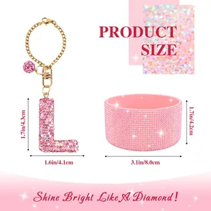Detailed size specifications for pink rhinestone letter L charm and tumbler accessories