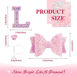 Pink glitter bow and rhinestone letter L straw topper charm set for tumbler cups