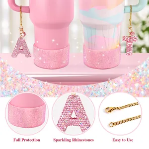 Pink rhinestone cup boot with gold initial letter pendant for insulated tumblers