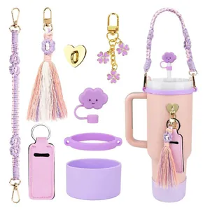 Roze Paars Waterfles Accessoires Voor Stanley Tumbler Siliconen Boot Wolk Rietje Cover Gevlochten Riem Charm Lippenstift Houder Zoet Vrouwen Decor
