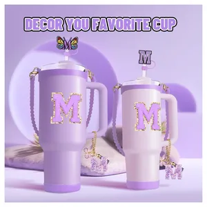 Kit d'accessoires violets pour tasse Stanley avec paille papillon lettre M et breloque