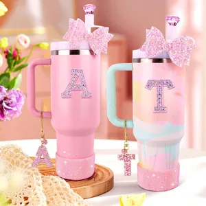 Pink glitter bow straw cover and rhinestone letter charms for Stanley tumblers accessories