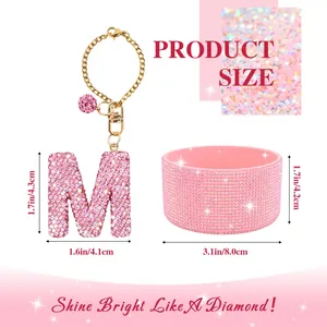 Pink rhinestone initial M keychain and glitter ball with detailed size measurements