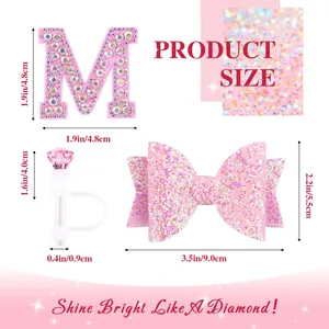 Size chart for pink Stanley cup bow, letter M patch and diamond straw topper set