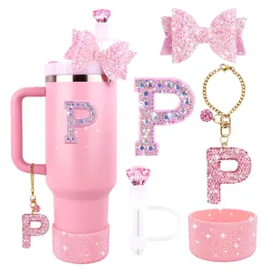 Pink tumbler accessories set with glitter bow straw cover and rhinestone letter P charm