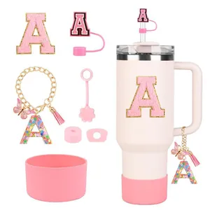 Large Capacity Insulated Tumbler Accessories Set With Alphabet Letter Patch Straw Cover Silicone Boot Butterfly Charm Pink Mug
