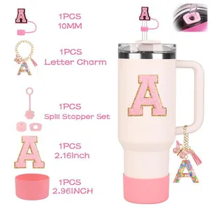 Pink tumbler accessories set for 40oz bottle with letter A charm and silicone boot