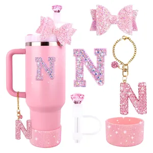 Pink glitter bow and rhinestone letter N charm set for large insulated tumblers