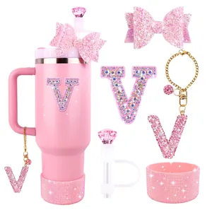 Pink glitter straw cover set with rhinestone letter V charm for 40oz tumblers