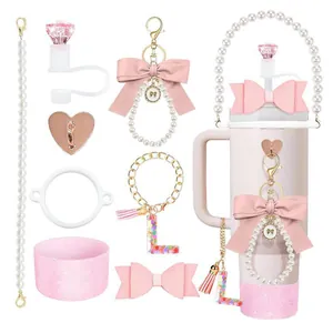 Pink Tumbler Accessories With Silicone Boot Straw Cover Artificial Pearl Chain Alphabet Letter Charm Heart Bowknot Decoration Girly Gift