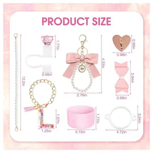 Pink accessory set for 30oz and 40oz tumblers with detailed product size chart