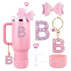 Pink tumbler accessories set with rhinestone letter B charm and glitter bow straw topper
