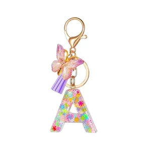 Resin Initial Letter Keychain With Butterfly Tassel Glitter Snowflake Sequin Alphabet Keyring For Women Girl Bag Pendant