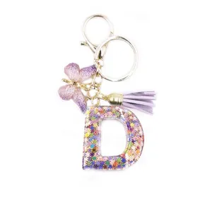 Exquisite Resin Letter Keychain With Purple Butterfly Pendant And Tassel Gold Alloy Keyring Alphabet Bag Charm Women Gift