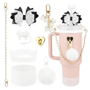 Tumbler Accessories Set Decorative Silicone Straw Cover Bottom Boot Metal Chain Glitter Bow Heart Charm For Large Cups