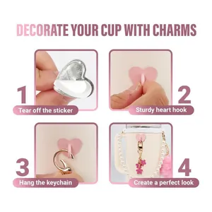 Pink floral charm set with pearl chain and heart hook for Stanley water bottle decoration