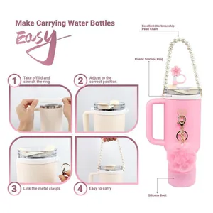 Pink Stanley cup accessory set featuring pearl handle chain and silicone protective boot