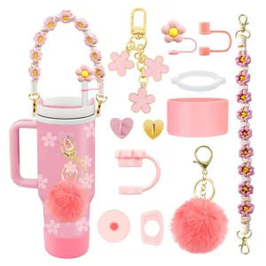 Floral Tumbler Accessories Collection With Handle Straw Cover Protective Boot For Large Water Bottle Decoration Women Gift