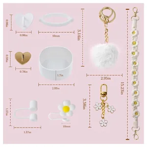 Pink Stanley cup accessory set with silicone straw cover and woven strap measurement details