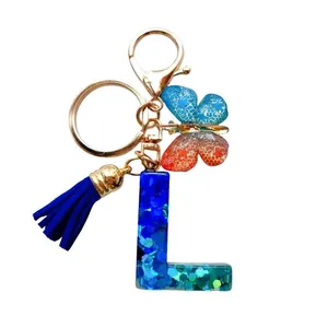 Porte-clés Personnalisé en Résine 26 Lettres Initiales pour Femmes Filles Mignon Papillon Gland Paillettes Anneau de Clé Pendentif de Sac Cadeau