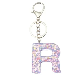 Porte-clés Lettre Alphabet en Résine à la Mode pour Femme Mignon Paillettes Irisées Violettes Initiale A-Z Anneau de Clé Accessoires de Charme de Sac