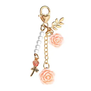 Romantic Rose Flower Artificial Pearl Keychain For Women Heart Lobster Clasp Stainless Steel Bag Pendant Floral Handbag Accessories