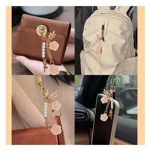 Pink rose flower keychain with pearls on bags, romantic floral purse charm accessory