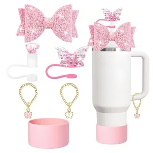 Glitter Bowknot Water Bottle Accessories For Large Capacity Tumbler Silicone Boot Straw Cover Metal Charm Decoration Women