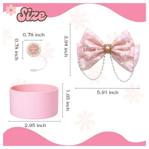 Pink glitter bow with pearl chain, My Melody charm, and silicone boot for Stanley cup