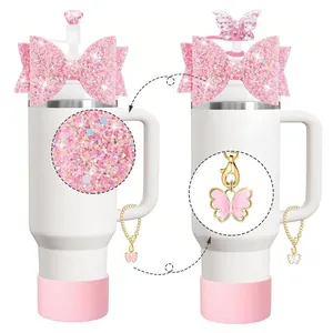 Pink accessories set for 30/40oz tumbler with glitter bow, straw cover and silicone boot