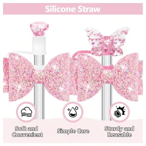 Pink glitter bow silicone straw cover for 30/40oz tumblers with crystal butterfly charm